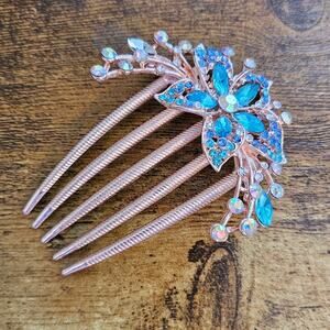 Vintage Y2K Rose Gold w/ Blue Rhinestone Flower Hair Comb